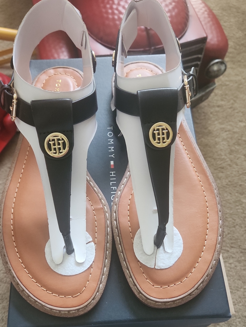 Tommy Hilfiger Black and Tan T-Strap Logo Sandals